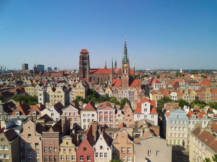 Aerial view of townscape against the clear sky, aerial view on old town in gdansk, poland. 
