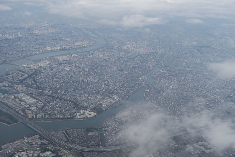 High angle view of cityscape seen from airplane