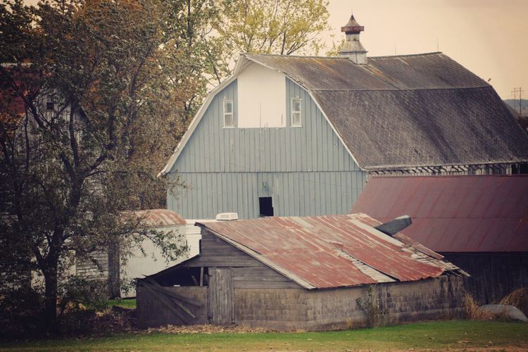 Old barn on field by building