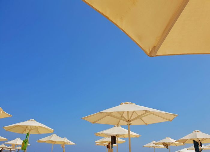 Low angle view of beach umbrellas against clear blue sky