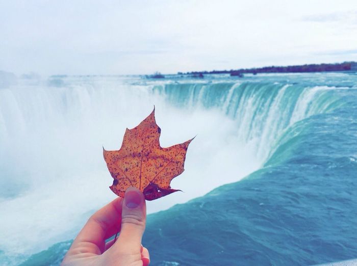 Cropped hand holding autumn leaf against waterfall