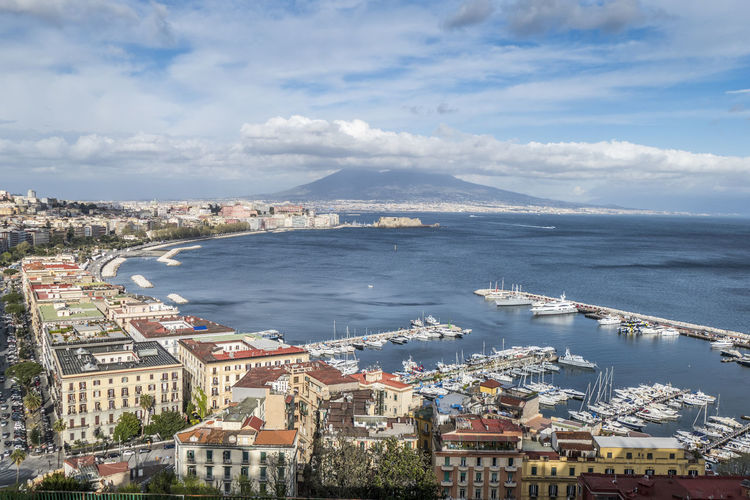 Aerial view of napoli and his gulf with vesuvius in background