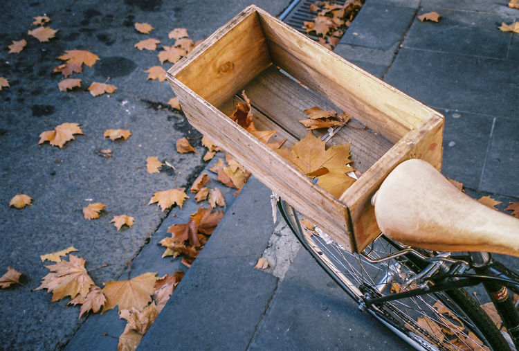 High angle view of wooden box on bicycle during autumn
