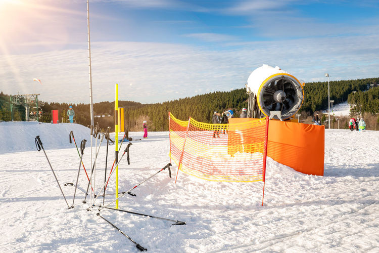 In winterberg, the ski slope in the kappe area is covered with artificial snow. lift, snow cannon