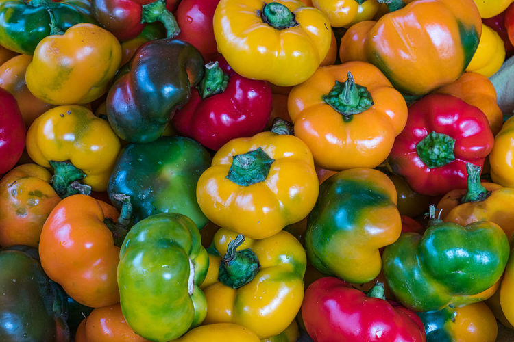 Full frame shot of bell peppers for sale in market