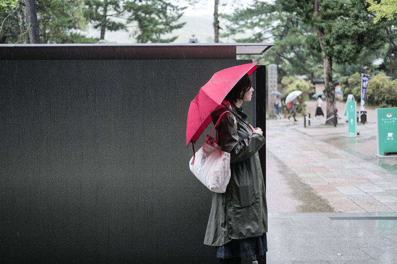 Woman with umbrella standing on rainy day