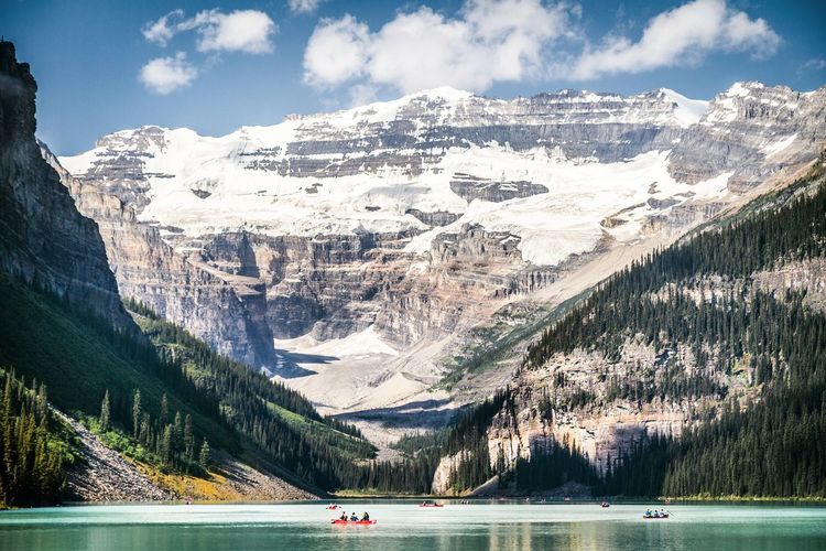 Lake louise against snow covered mountains
