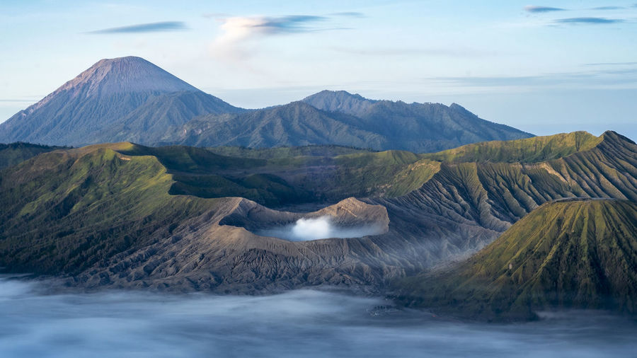 Morning view of mt semeru, mt batok and mt bromo volcano, indonesia