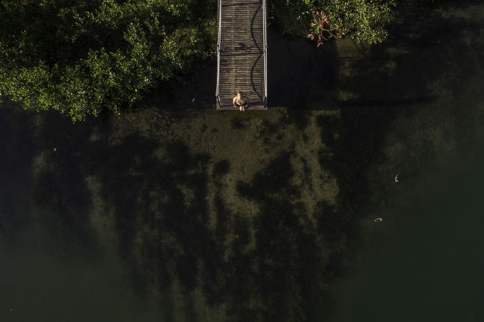High angle view of man standing on jetty over lake