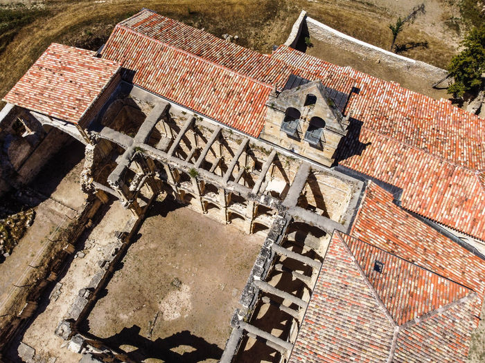 Aerial view of the ruins of an ancient abandoned monastery in santa maria de rioseco, burgos,