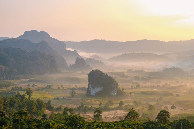 Panoramic view of landscape against sky during sunset