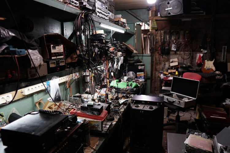 High angle view of messy workshop