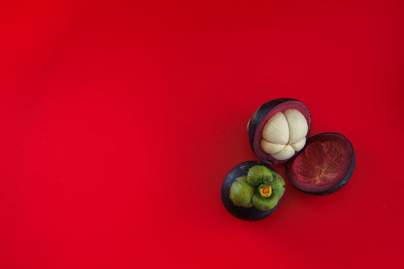 High angle view of fruits against red background