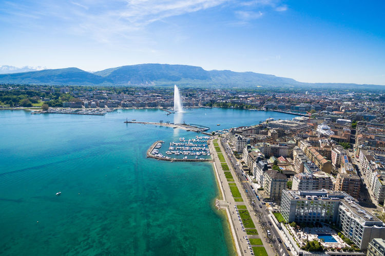 High angle view of city at waterfront