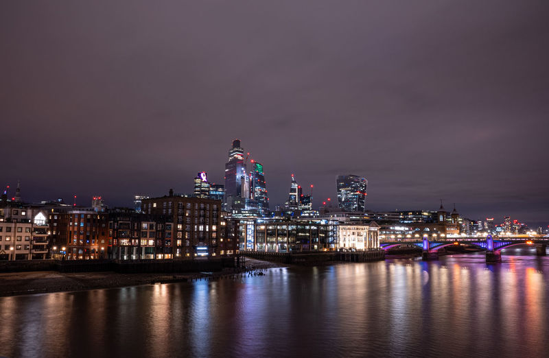 Panoramic view of the london financial district with many skyscrapers