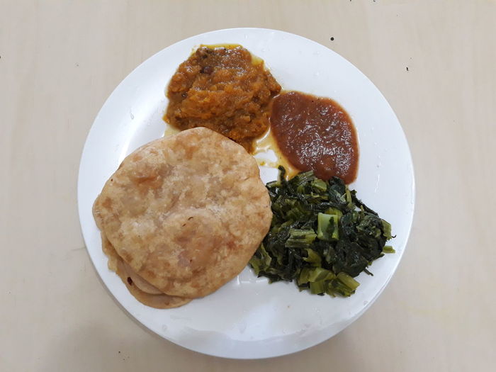 High angle view of breakfast served on table