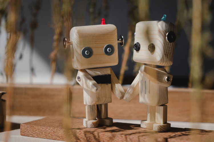 Two small wooden robots in the wooden jungle hold hands. friendship concept person