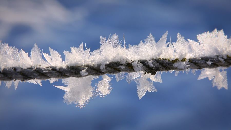 Low angle view of snowflakes on rope against sky