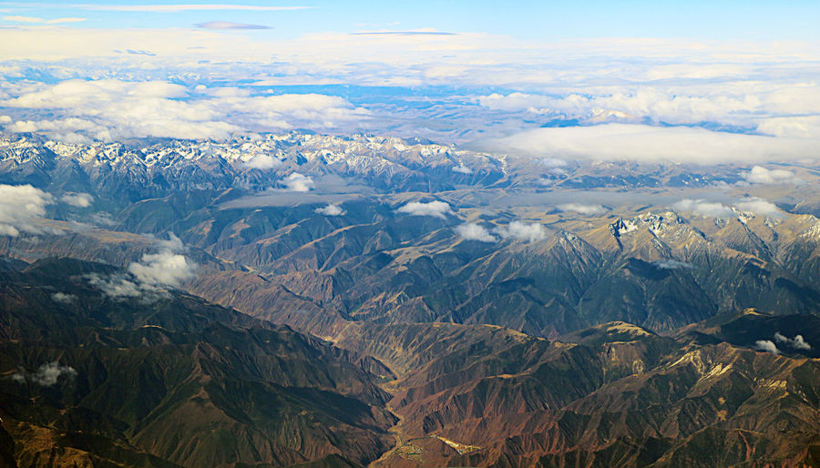 Aerial view of snowcapped mountains against sky