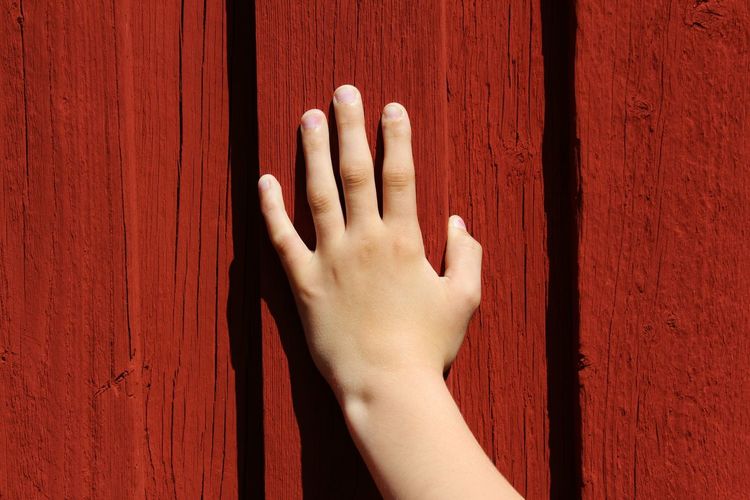Close-up of hand on red wall