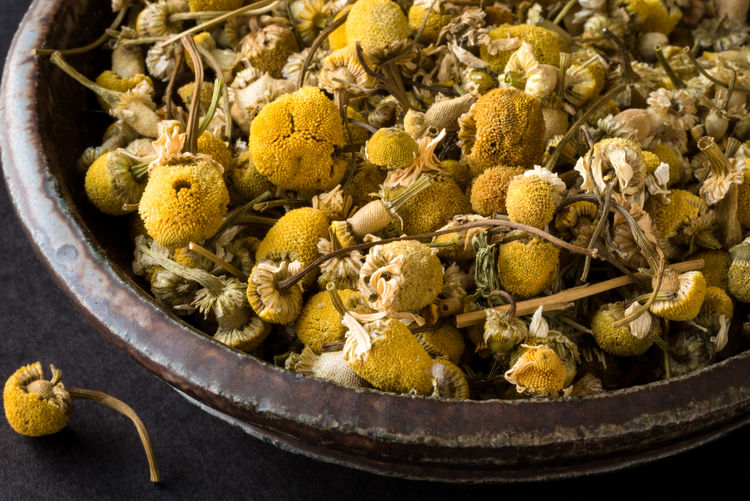 High angle view of dried chamomile