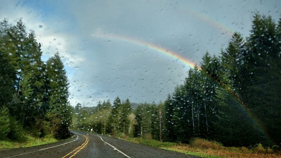 Wet road against rainbow in sky