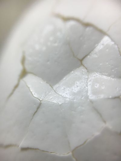 Close-up of cracked boiled eggshell