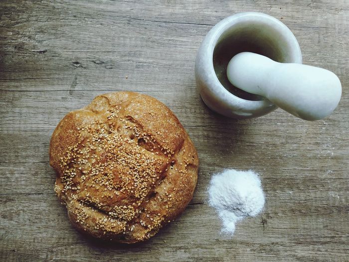 High angle view of breakfast on table