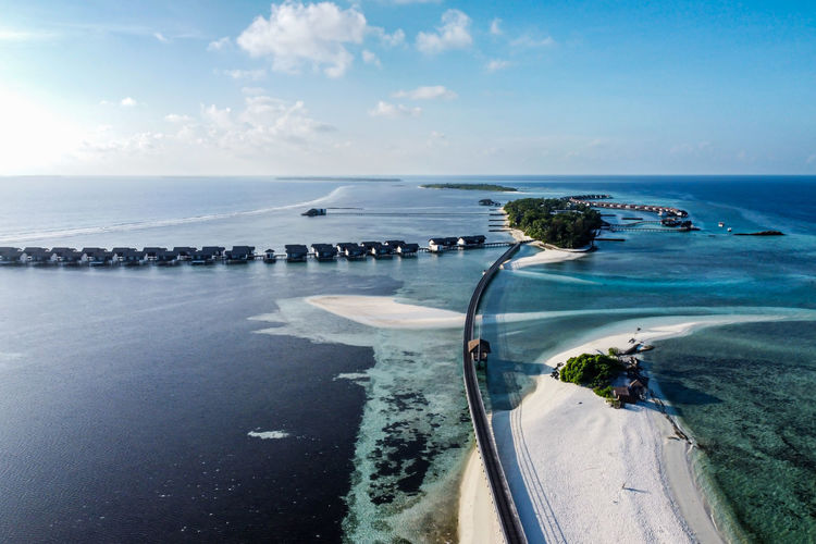 Aerial view of a walkway in a luxury resort in the maldives
