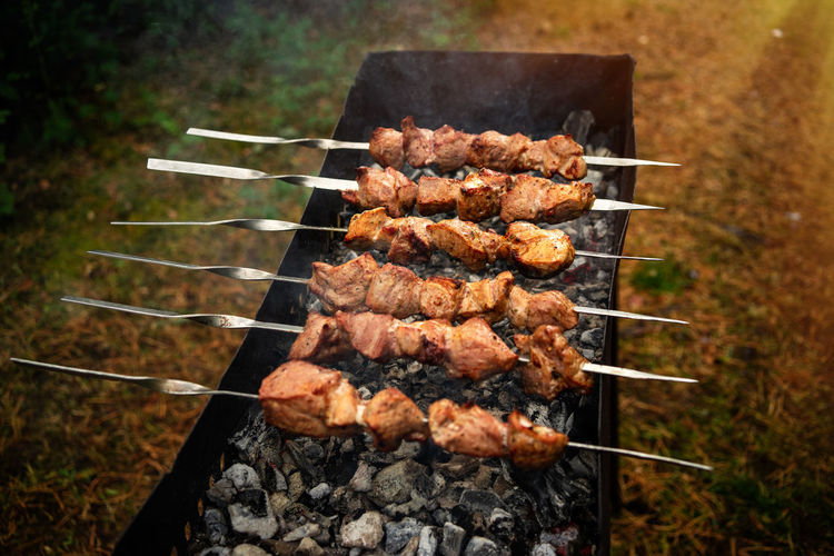 Close-up of meat on barbecue grill