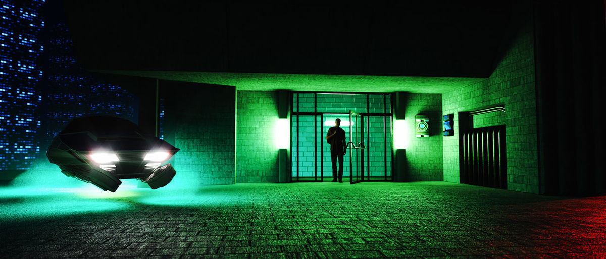 Rear view of man walking in illuminated building