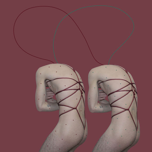 Multiple image of naked man tied with rope against colored background