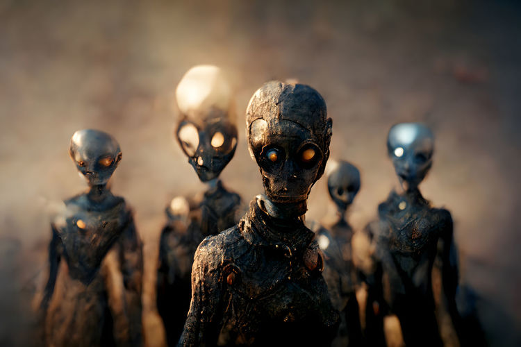Group of ugly barely humanoid aliens in ominous misty atmosphere, neural network generated art