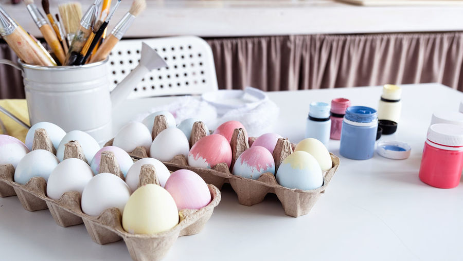 High angle view of easter eggs on table