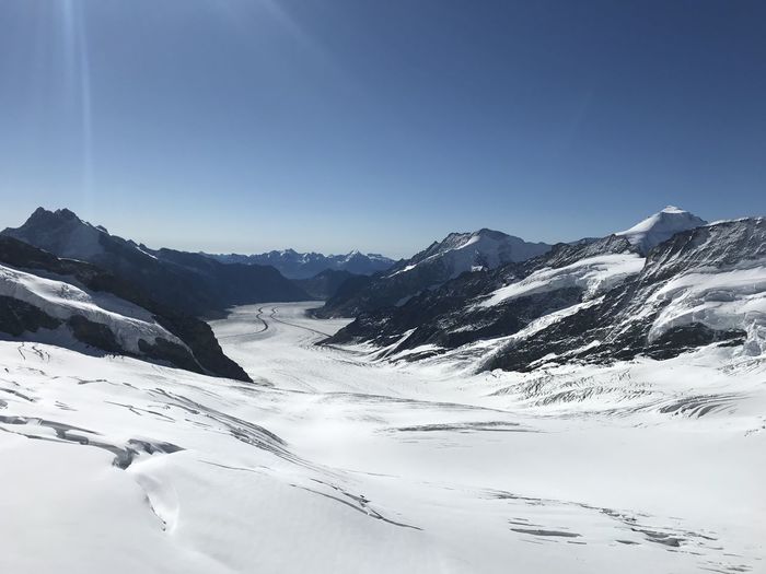 Scenic view of snowcapped mountains against clear sky