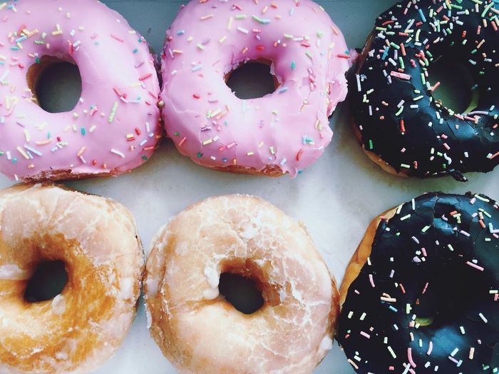 High angle view of donut variety