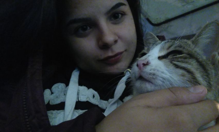 Portrait of woman holding cat