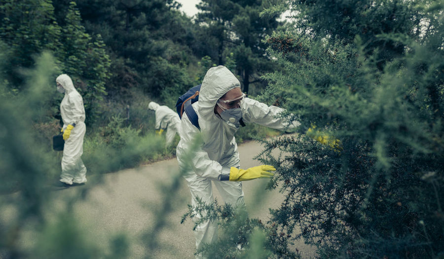 People with protective workwear standing by plants