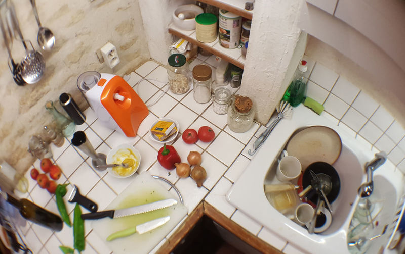 High angle view of kitchen counter