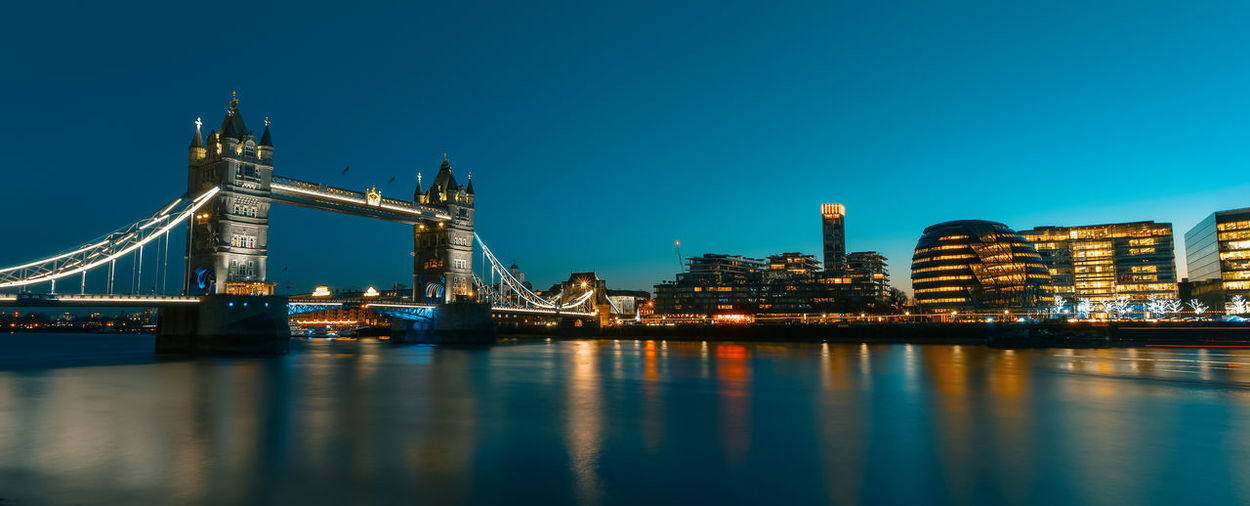 Illuminated bridge over river with city in background
