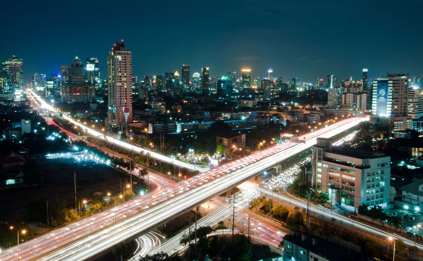 High angle view of illuminated cityscape