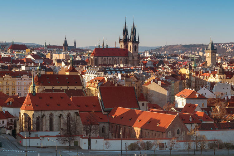 High angle shot of old town of prague against clear sky