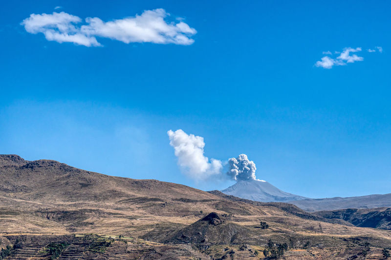 Eruption of the volcano sabancaya in peru on the 10th of june, 2019.