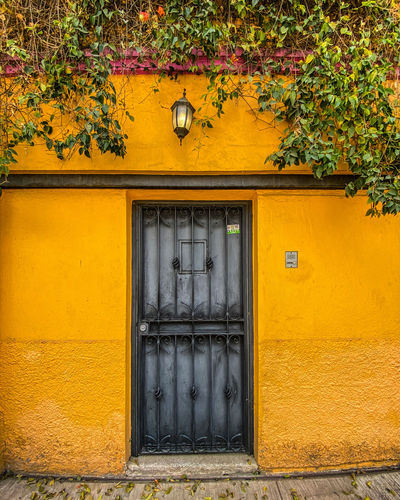 Closed door of yellow house