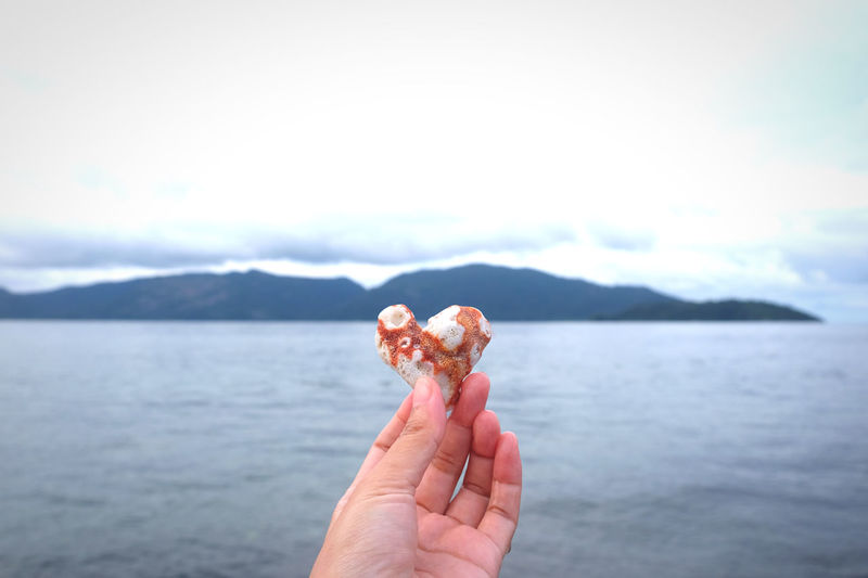Human hand holding sea heart red coral against sky
