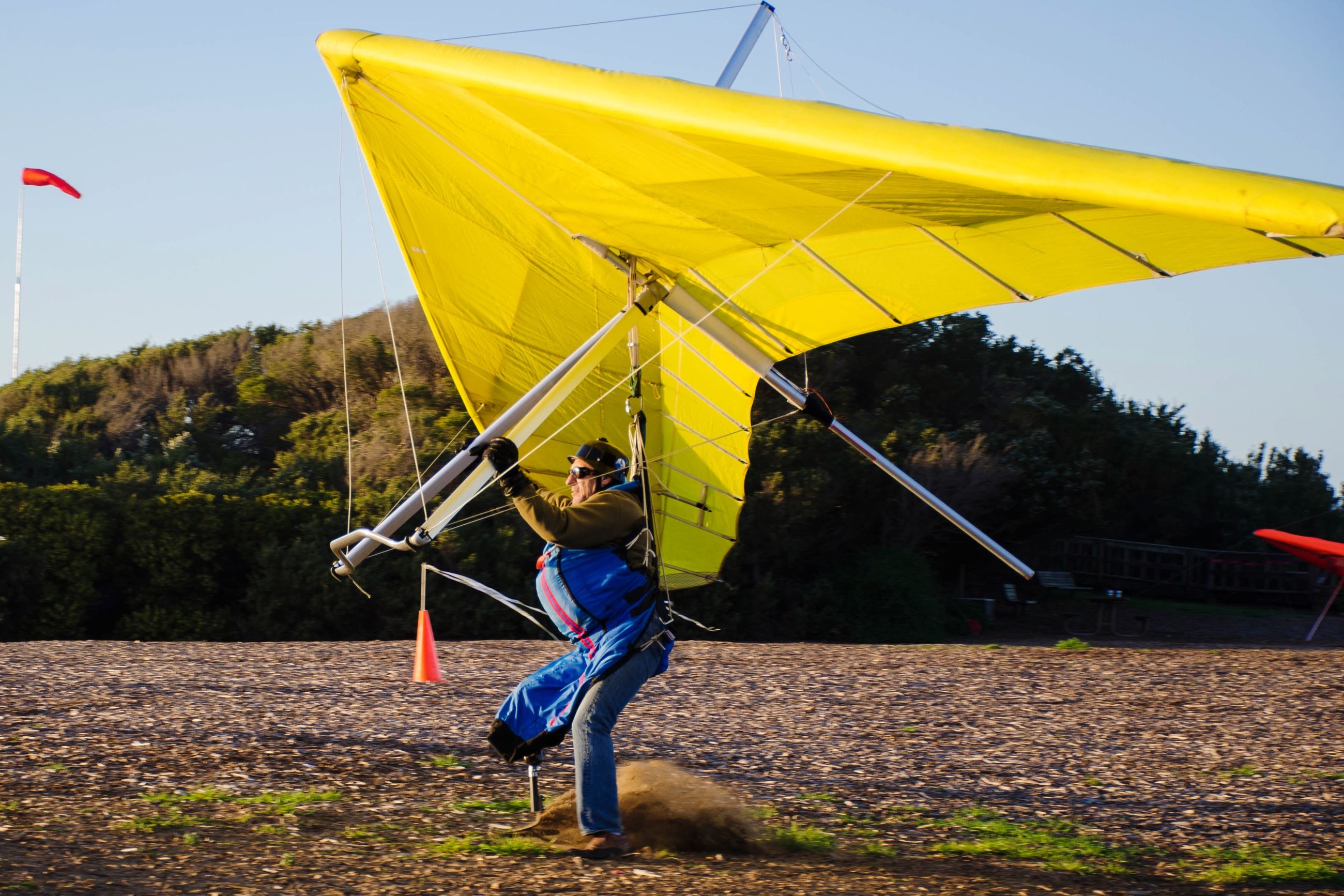 leisure activity, lifestyles, clear sky, full length, yellow, sky, umbrella, casual clothing, childhood, fun, transportation, landscape, day, field, flag, tree, blue, enjoyment