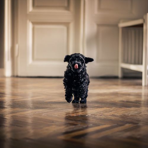 Portrait of black dog on floor at home
