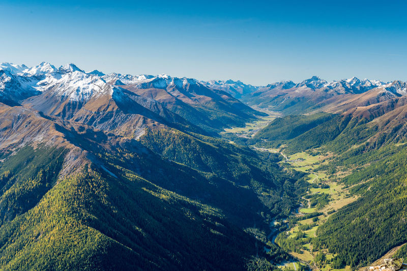 Scenic view of snowcapped mountains against clear blue sky