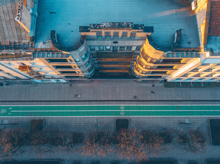 Drone view of building by street
