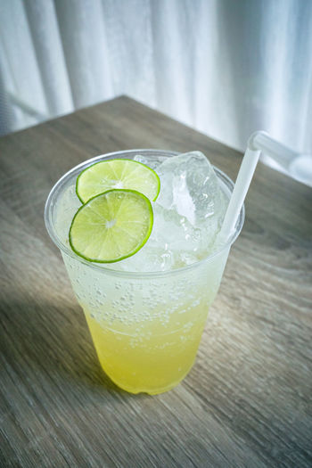 High angle view of drink on table